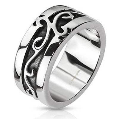 Honorable – Black oxidized polished silver stainless steel vine design ring