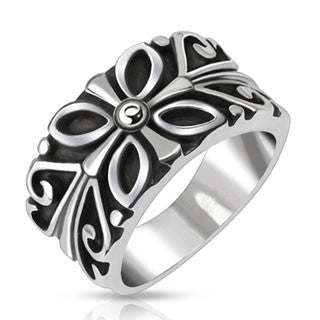 Four Seasons – Detailed Black Silver Carved Floral Design Stainless Steel Band