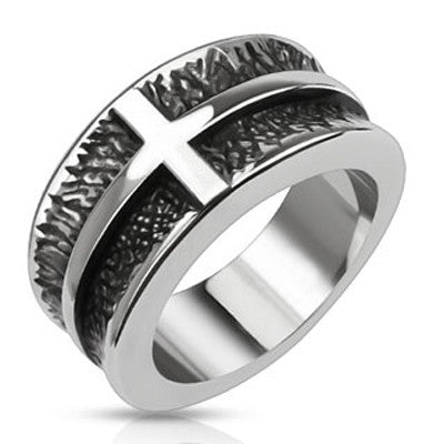 Heavy Cross – Black oxidized stainless steel cross concave band his and hers ring