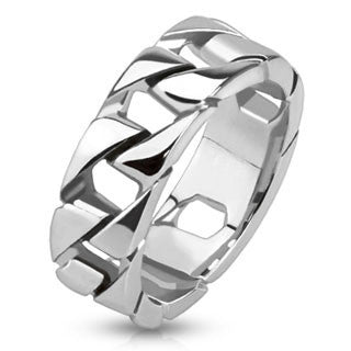 Tire Tracks – Polished silver stainless steel chain link men’s ring