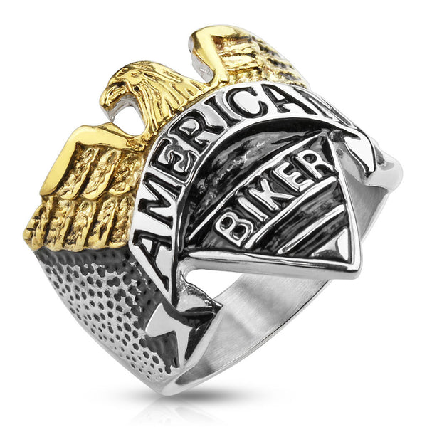 American Biker - Gold IP and silver engraved stainless steel American Biker motorcycle ring