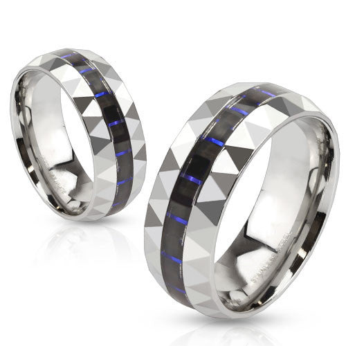 Elevate - Black and blue carbon fiber inlayed prism faceted stainless steel his and hers ring