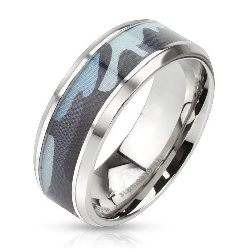 Camo Ammo - Blue camouflage inlayed beveled edge stainless steel ring