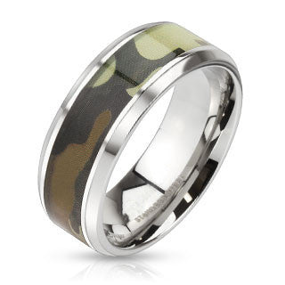 Camo Connection–Camouflage inlayed beveled edge stainless steel ring