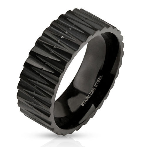 Primal- Zig zag cut carved matte black IP stainless steel men's ring