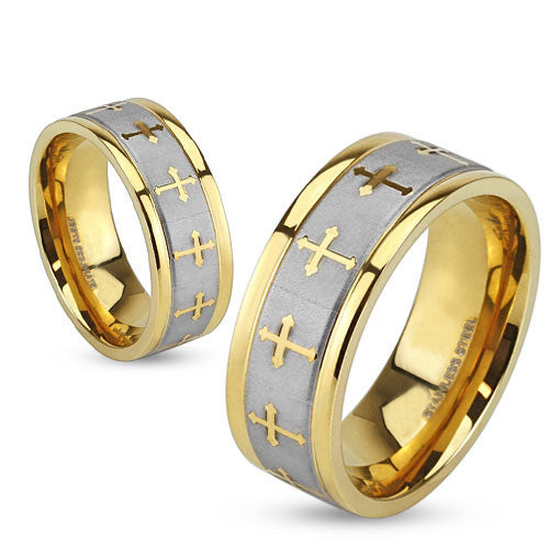 Faith In You– Gold IP and brushed silver stainless steel his-and-her cross wedding ring set