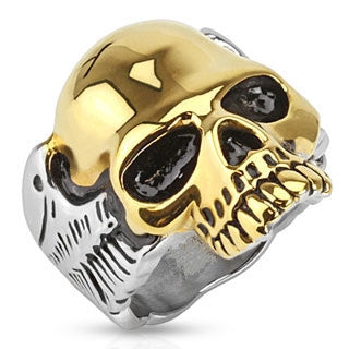 Guardian – Two-tone gold IP and silver stainless steel half skull with wings men’s ring