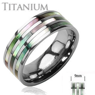 Intuition– Polished solid titanium ring with triple abalone inlayed bands