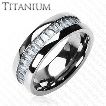 Titanium On The Rocks - Impeccable Solid Titanium Intense Design Comfort-Fit Ring with Cubic Zirconias Center Wedding Band