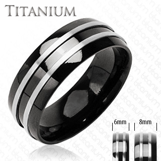 Zenith - Double Silver Stripe Black and Titanium Comfort Fit Wedding Band