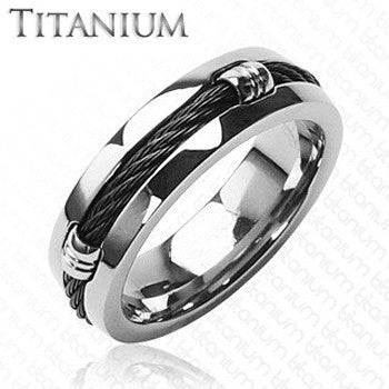 Titanium Onyx - Solid Woven Cord Coiled Around The Center Highly Polished Titanium Wedding Ring