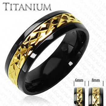 High Roller Ring - Miniature Semi Prism Design Glossy Gold Finish with Black Border Titanium Ring