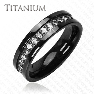 Starfire - Solid Black with Circled Round Cubic Zirconias Titanium Wedding Band