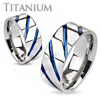 AzureSky - Blue IP diagonal accented silver solid titanium couples ring