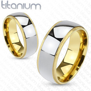 Timeless Silver - Highly Polished Silver Gold Ion-Plated Beveled Edges Comfort-Fit Titanium Wedding Ring