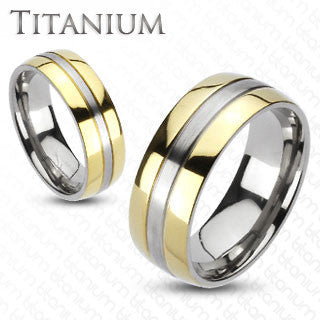 Sophistication – Brushed Finish Silver Two-Tone Gold Double Band Titanium Ring