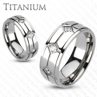 Vitality - Multiple Grooves Titanium Comfort Fit Ring with Cubic Zirconias