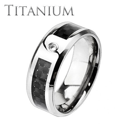 Wall Street - Solid titanium with cubic zirconia solitaire and black graphite carbon fiber checkerboard inlay