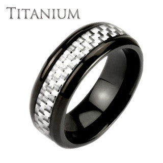 White-Hot– Contemporary and classy black IP titanium men’s ring with white carbon band inlay