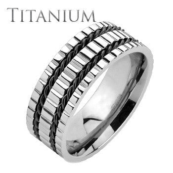 Triple Gears – Triple grooved band with double twisted black wires solid titanium men’s ring