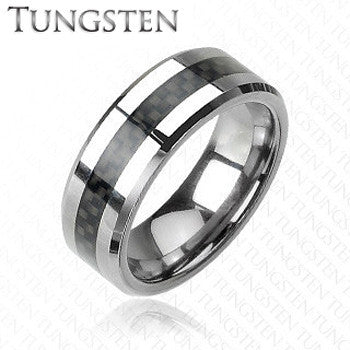 Checkered Flag - Comfort Fit Tungsten Carbide Ring with Black Carbon Fiber Center Inlay