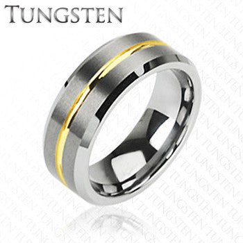 Energy - Solid Flat Band with Golden Groove Brushed Silver and Gold Tungsten Carbide Ring