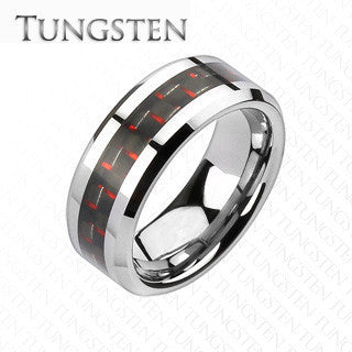 Executive-Red - Different Style Silver Red and Black Tungsten Carbide Carbon Fiber Ring