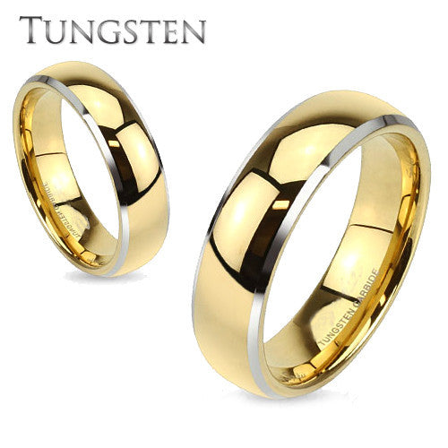 Gold Ceremony – Glossy Gold Tungsten Silver Beveled Edge Dome Wedding Band