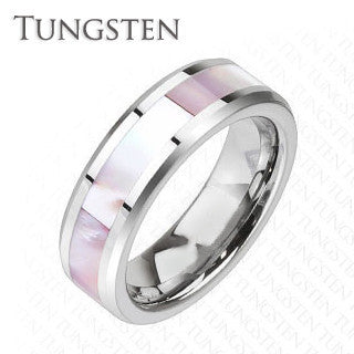 Seashell Circle - Sophisticated Design Mother Of Pearl Center Band Tungsten Carbide Comfort Fit Ring
