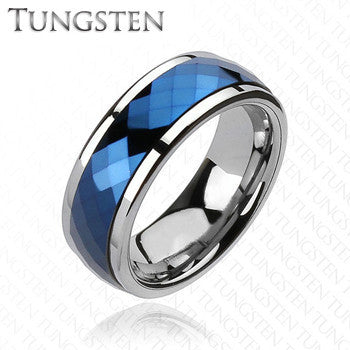 Blue Tungsten Spinner - Multi-Faceted Silver and Blue Tungsten Carbide Spinning Center Wedding Band