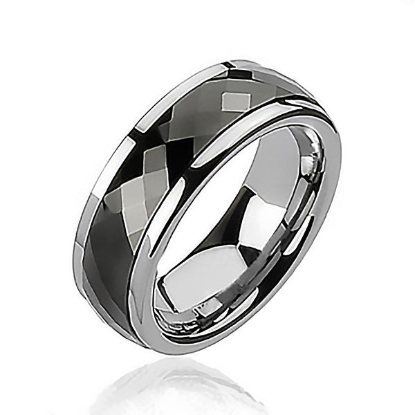 Black Tungsten Spinner - Multi-Faceted Silver and Black Tungsten Spinning Center Ring