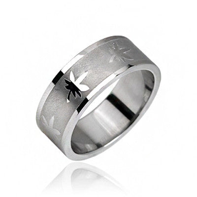 Kush Me – Brushed stainless steel band with polished marijuana leaf design men’s ring