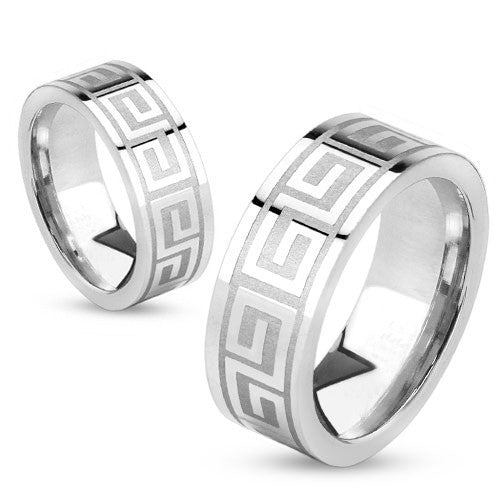 Steel Union – Strong Design and Stainless Steel Greek Key Eternity Maze Etched Couples Ring