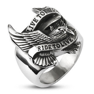 Open Road Live to Ride – Silver Eagle Carved Live To Ride To Live Biker Slogan Stainless Steel Band