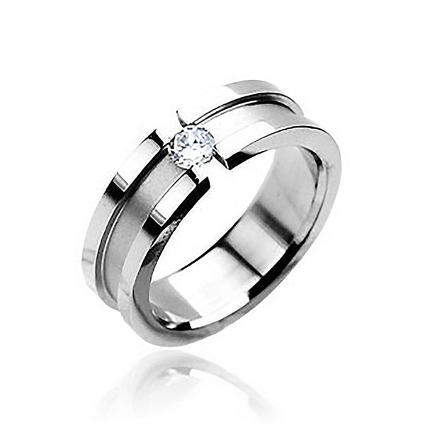 Artistic Love - Shining Stainless Steel Dual-Level Band with White Cubic Zirconia Solitaire Engagement or Couples Ring