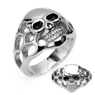 Skullfire - Classic Biker-Style Stainless Steel Skull with Side Flames Silver and Black Ring