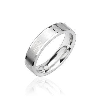 Simple Faith – Brushed and polished band engraved cross silver stainless steel ring