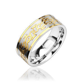 Fire Tribal – Classy High Shine Stainless Steel and Intricate Gold Tribal Design Ring