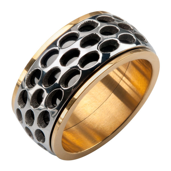 Rally Gold Ring - Stainless Steel IP Black & Gold Grille Polished Spinner Band