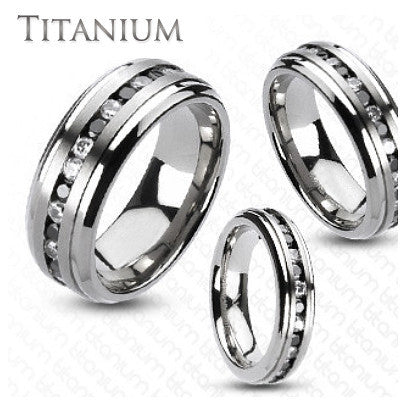 Starry Night - Glossy Finish Titanium Comfort-Fit Couples Ring with Clear and Black Gem Stones Center Band