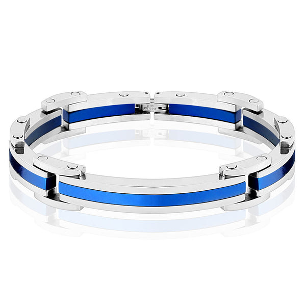 Calypso - Curved hinged link blue IP silver stainless steel bracelet with clasp