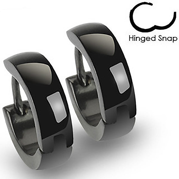 Black Beauty - Glossy Finished Hinged Hoop Black Stainless Steel Earrings