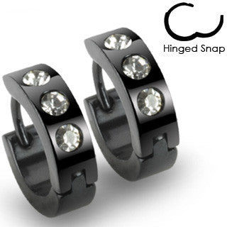 Cosmopolitan -Black Stainless Steel Hinged Hoop Type Comfortable Earrings with Clear Cubic Zirconias