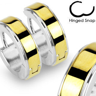 Midas Touch - Hinged Hoop Style Silver Anodized Gold Center Stainless Steel Earrings