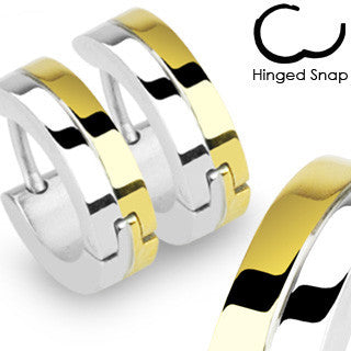 Nebula - Split Colored Gold and Stainless Steel Clear Gloss Finish Hinged Hoop Earrings