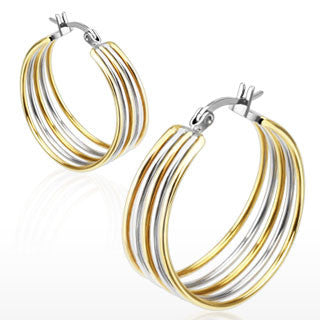 Cinco - Duo Toned Five Rings Hinged Hoop Silver and Gold Stainless Steel Earrings