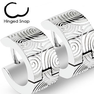 Hypnotized– Industrial brushed steel with engraved spiral design surgical stainless steel hinged hoop earrings