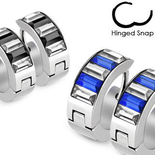 Blue Magnetism - Classy Style Stainless Steel Hinged Hoop Type Earrings with Blue and Clear Cubic Zirconias