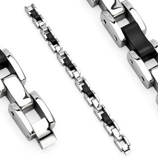 Industry - Classy Silver and Black Stainless Steel and Hard Rubber Combination Bracelet