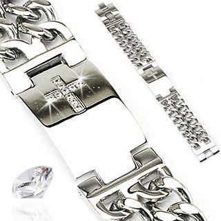 Faith In Me - Complete and Perfect with Gem Paved Cross Plate & Double Chains On Each Side Stainless Steel Bracelet with CZ